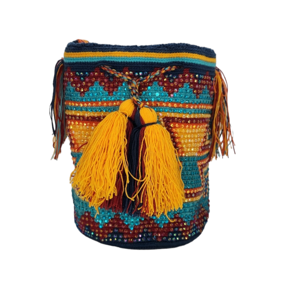 Original Wayuu Mochila Bag For Women, Colombian boho bags, Handmade With Big Nice-Looking Tassels and rhinestones
