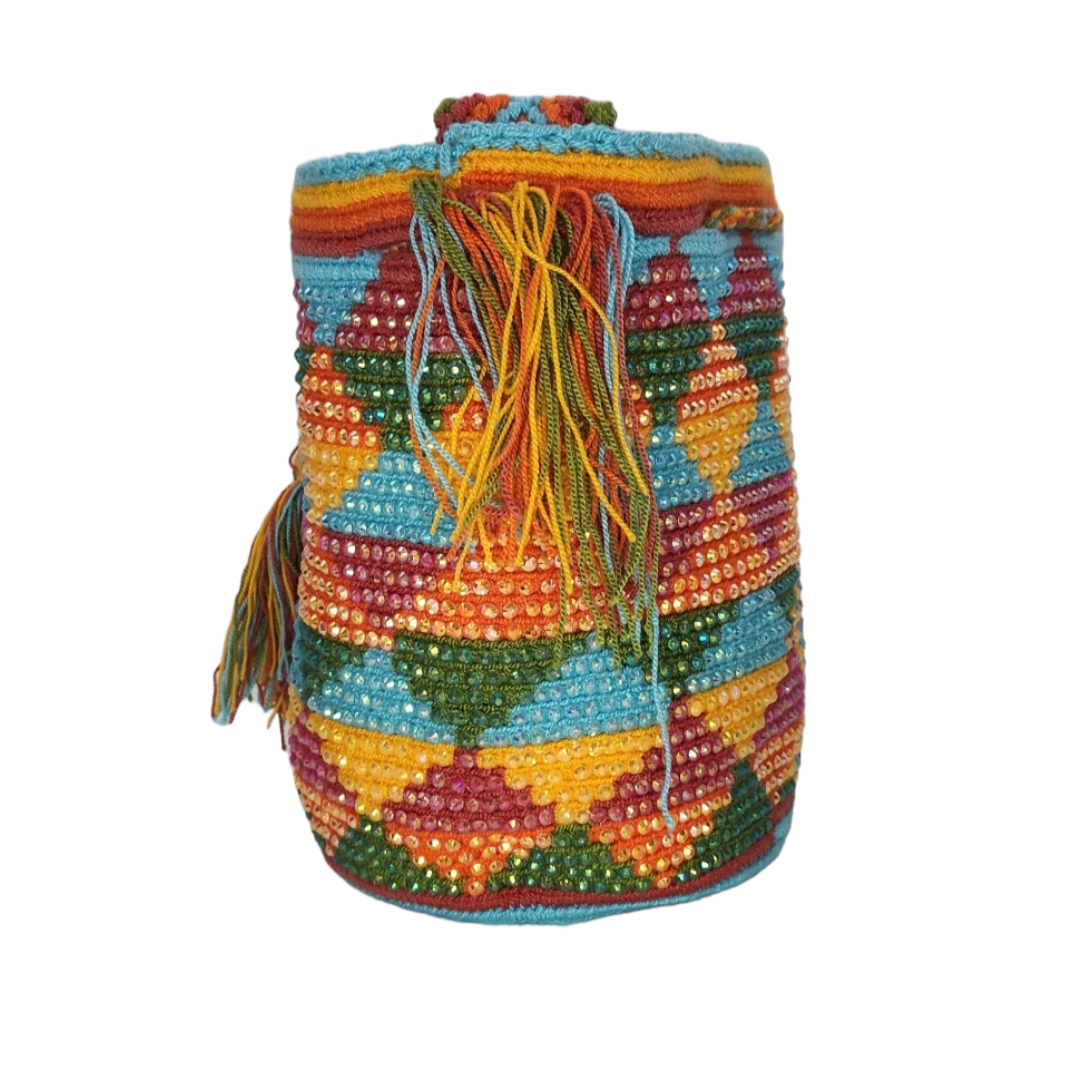 Original Wayuu Mochila Bag For Women, Colombian boho bags, Handmade With Big Nice-Looking Tassels and rhinestones