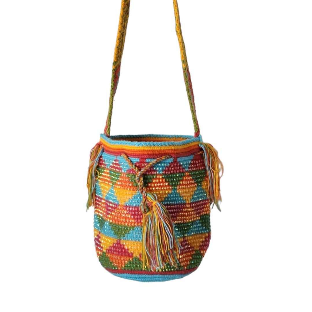 Original Wayuu Mochila Bag For Women, Colombian boho bags, Handmade With Big Nice-Looking Tassels and rhinestones