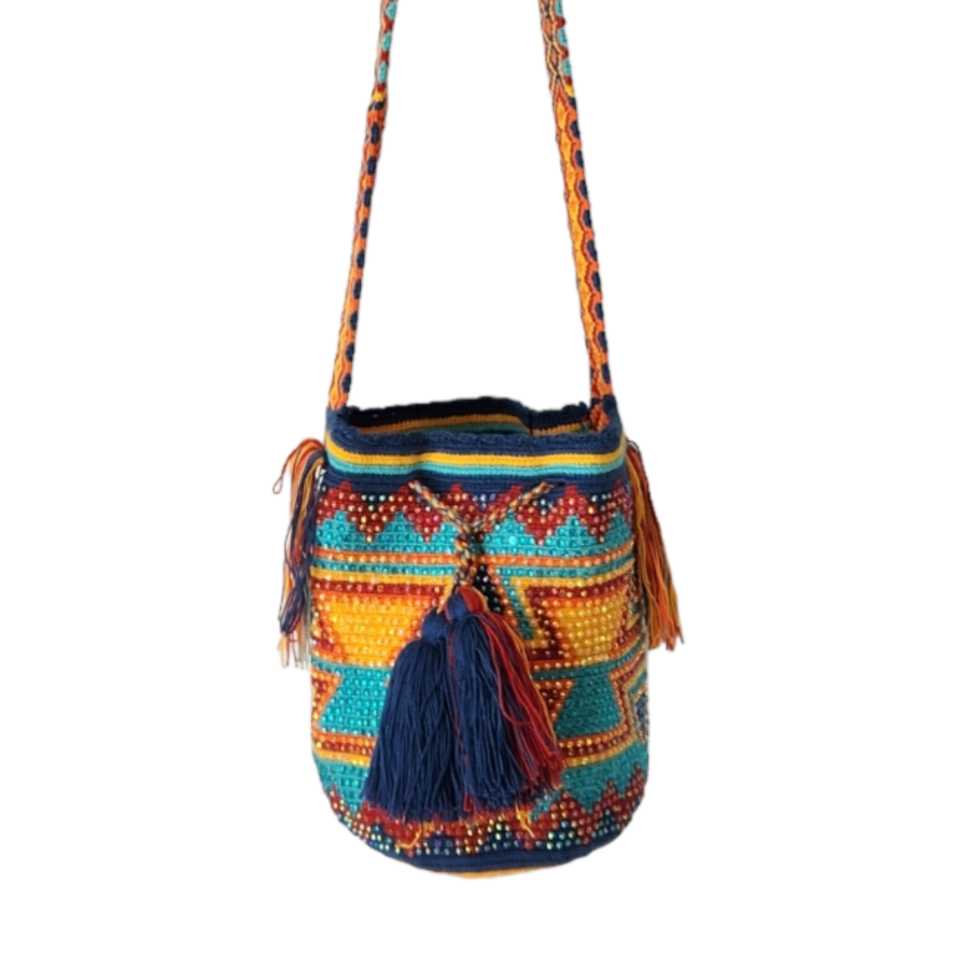 Original Wayuu Mochila Bag For Women, Colombian boho bags, Handmade With Big Nice-Looking Tassels and rhinestones