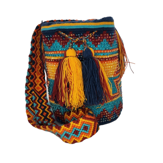 Original Wayuu Mochila Bag For Women, Colombian boho bags, Handmade With Big Nice-Looking Tassels and rhinestones