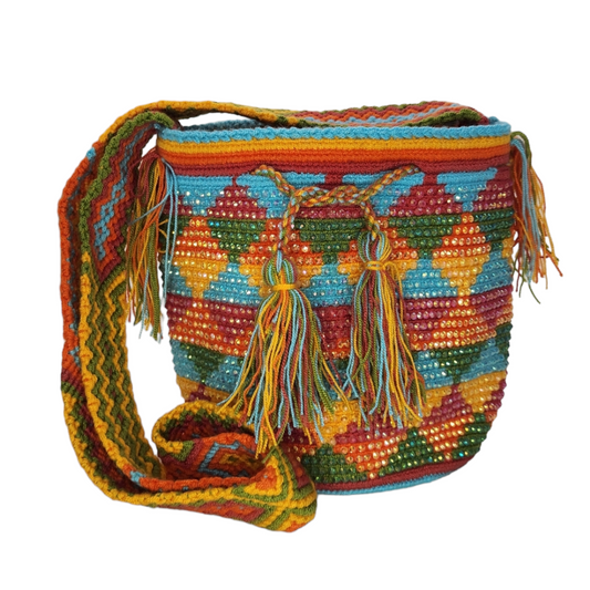 Original Wayuu Mochila Bag For Women, Colombian boho bags, Handmade With Big Nice-Looking Tassels and rhinestones