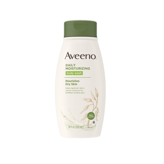 Aveeno Daily Moisturizing Body Wash for Dry Skin with Soothing Oat ; Rich Emollients, Creamy Shower Cleanser, Gentle, Soap-Free and Dye-Free, Light Fragrance, 18 fl. oz.