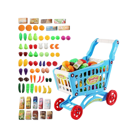 deAO Children Shopping Cart Trolley Play Set Includes 78 Grocery Food Fruit