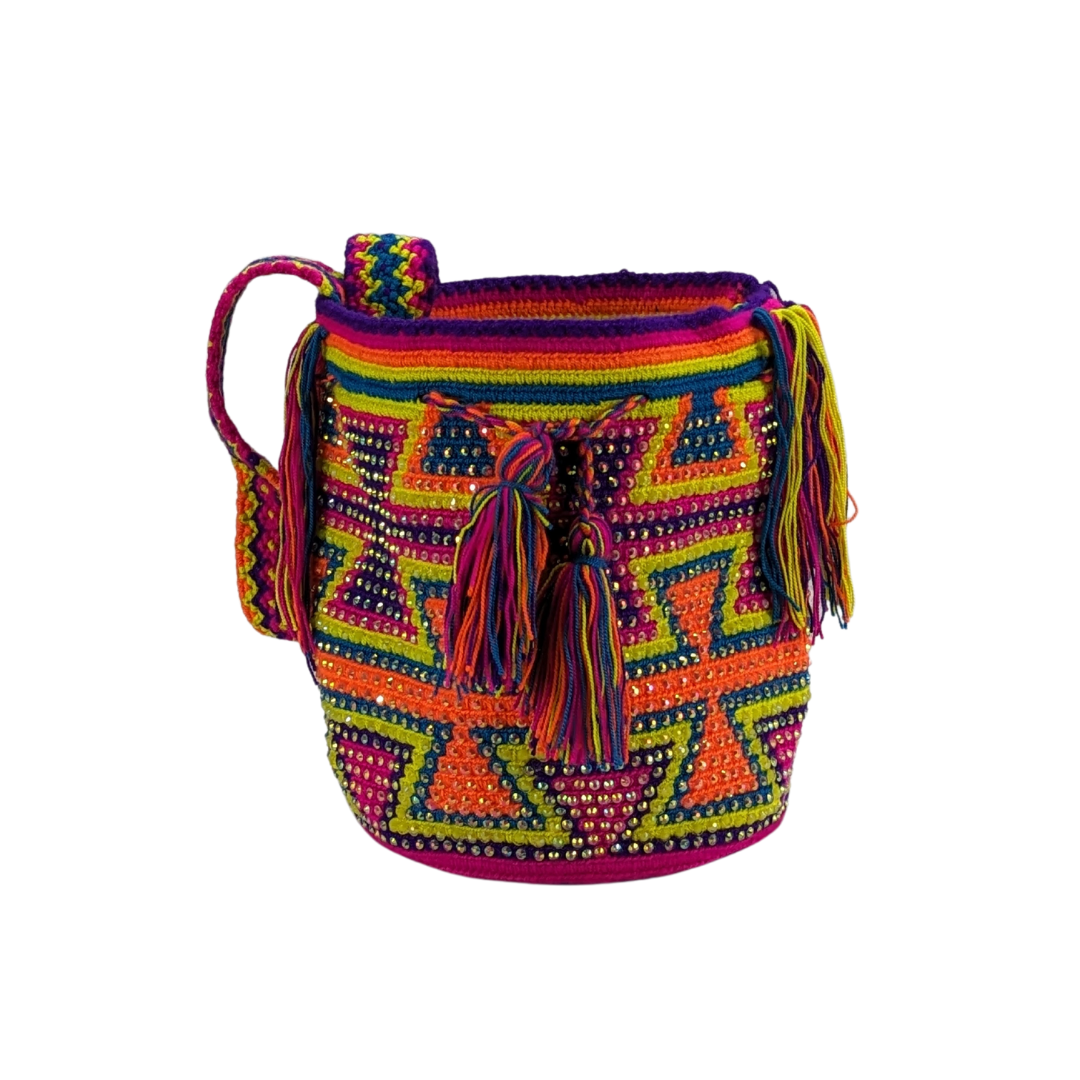 Original Wayuu Mochila Bag For Women, Colombian boho bags, Handmade With Big Nice-Looking Tassels and rhinestones