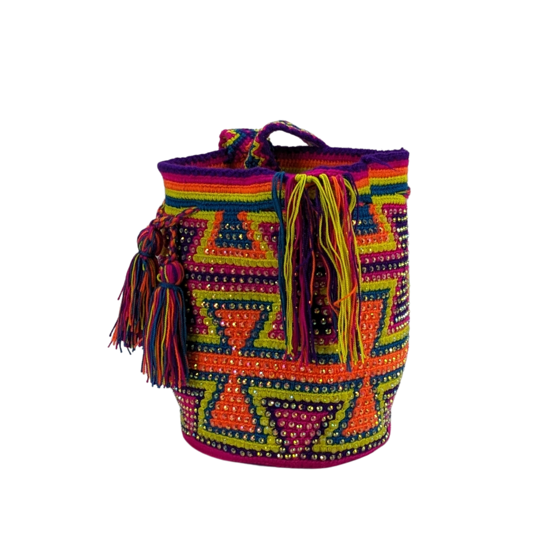 Original Wayuu Mochila Bag For Women, Colombian boho bags, Handmade With Big Nice-Looking Tassels and rhinestones