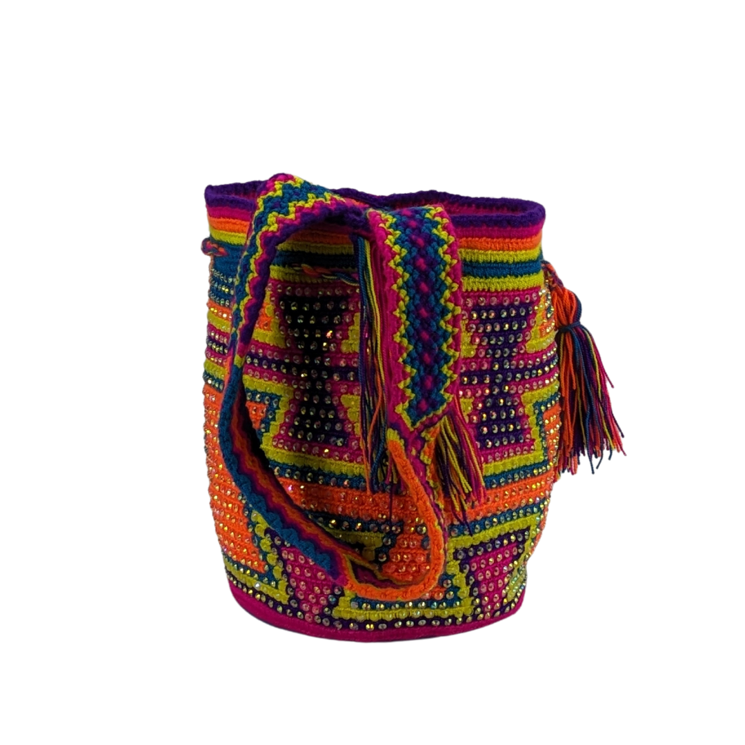 Original Wayuu Mochila Bag For Women, Colombian boho bags, Handmade With Big Nice-Looking Tassels and rhinestones