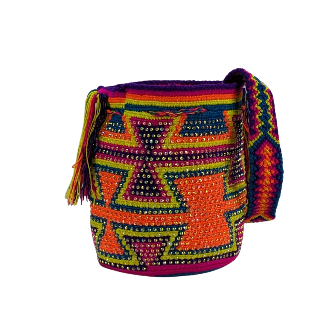 Original Wayuu Mochila Bag For Women, Colombian boho bags, Handmade With Big Nice-Looking Tassels and rhinestones