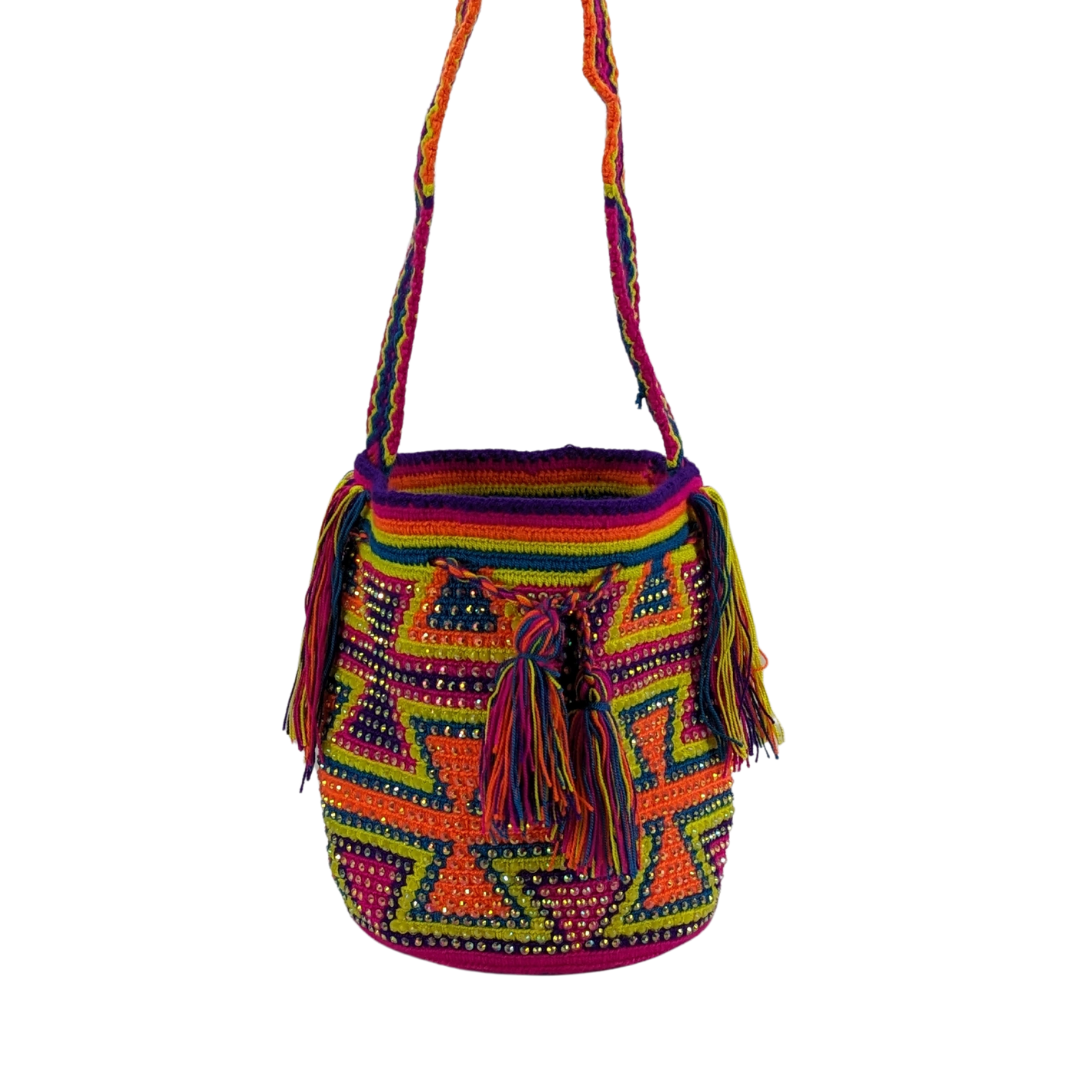 Original Wayuu Mochila Bag For Women, Colombian boho bags, Handmade With Big Nice-Looking Tassels and rhinestones