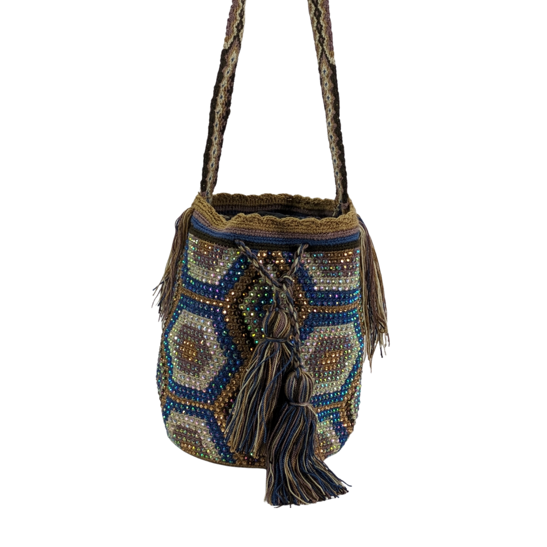 Original Wayuu Mochila Bag For Women, Colombian boho bags, Handmade With Big Nice-Looking Tassels and rhinestones
