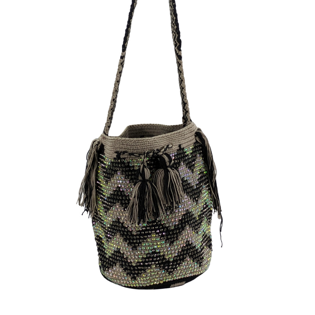 Original Wayuu Mochila Bag For Women, Colombian boho bags, Handmade With Big Nice-Looking Tassels and rhinestones