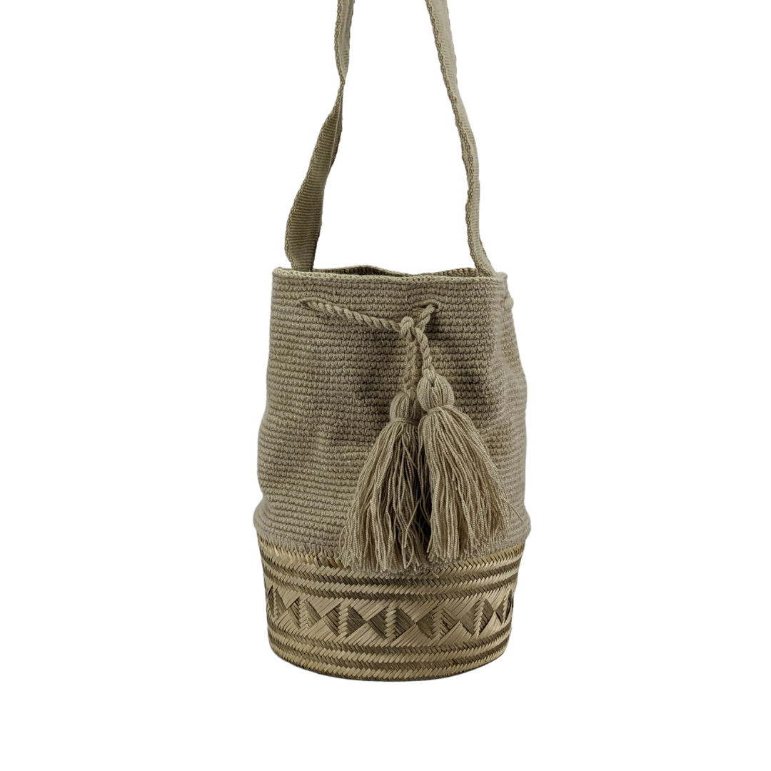 Mochila Wayuu Bag Handwoven by Wayuu Tribe Premium Colombian Bag Design Camel Black Tassels Crossbody Medium Size