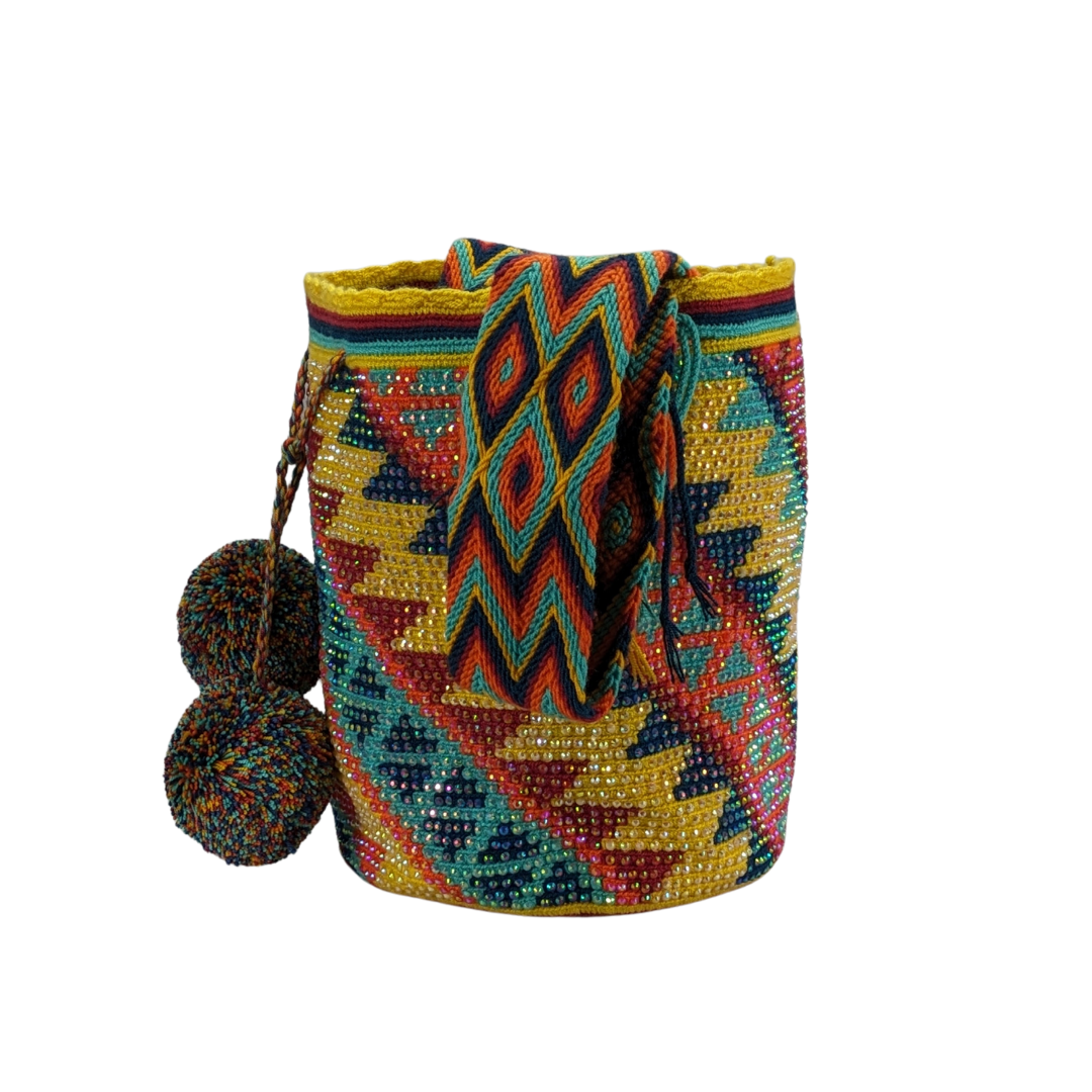 Original Wayuu Mochila Bag For Women, Colombian boho bags, Handmade With Big Nice-Looking Tassels and rhinestones