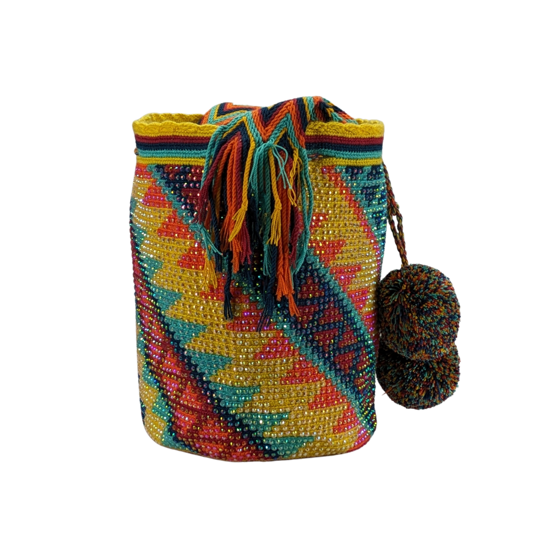 Original Wayuu Mochila Bag For Women, Colombian boho bags, Handmade With Big Nice-Looking Tassels and rhinestones