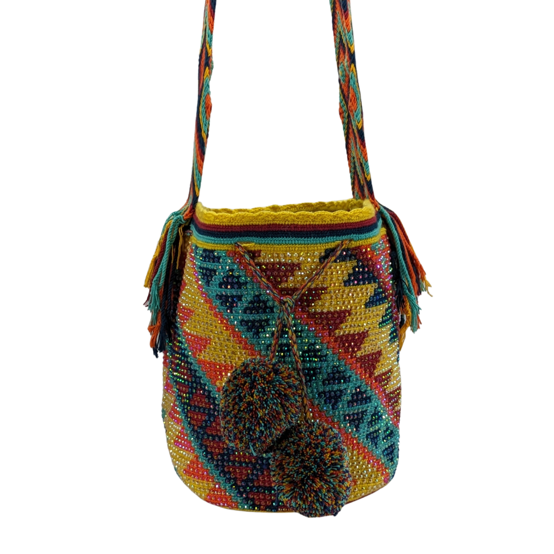 Original Wayuu Mochila Bag For Women, Colombian boho bags, Handmade With Big Nice-Looking Tassels and rhinestones