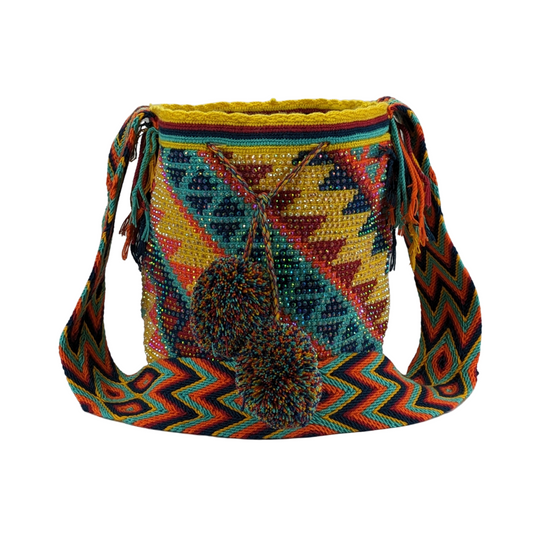 Original Wayuu Mochila Bag For Women, Colombian boho bags, Handmade With Big Nice-Looking Tassels and rhinestones