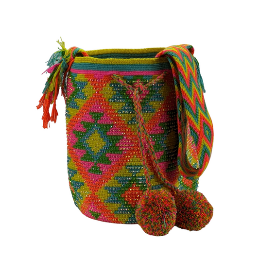 Original Wayuu Mochila Bag For Women, Colombian boho bags, Handmade With Big Nice-Looking Tassels and rhinestones