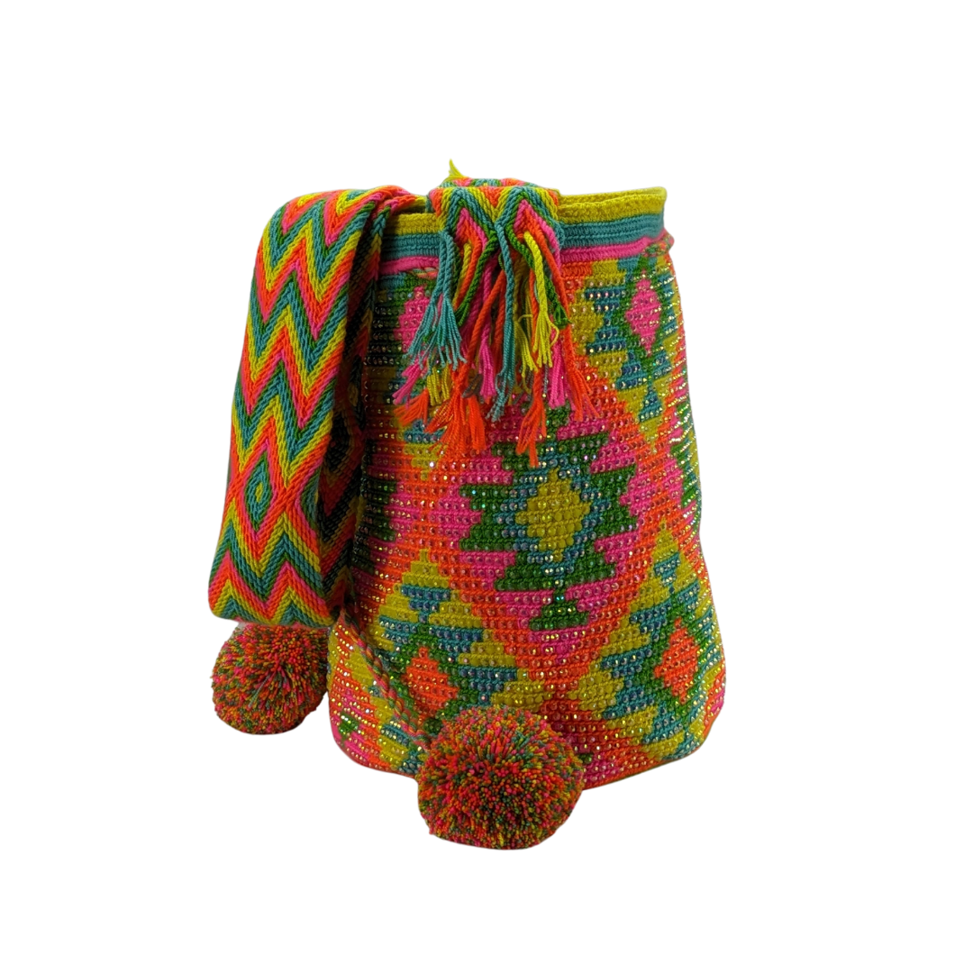 Original Wayuu Mochila Bag For Women, Colombian boho bags, Handmade With Big Nice-Looking Tassels and rhinestones