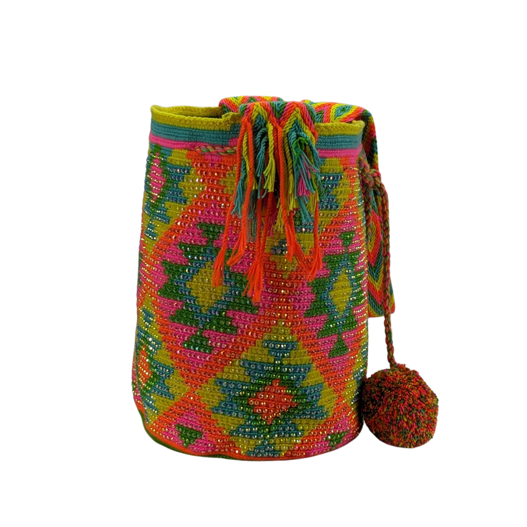 Original Wayuu Mochila Bag For Women, Colombian boho bags, Handmade With Big Nice-Looking Tassels and rhinestones