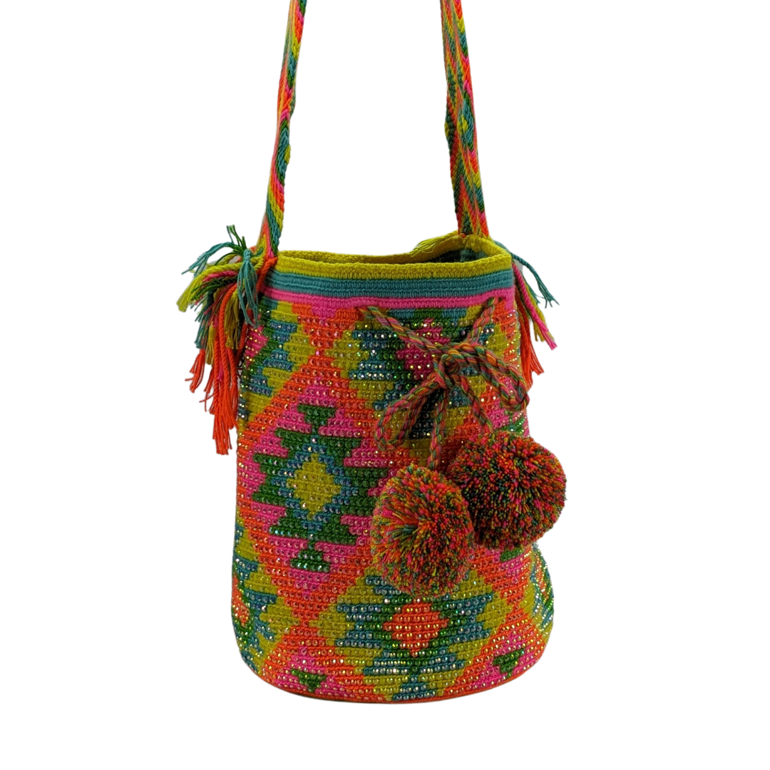 Original Wayuu Mochila Bag For Women, Colombian boho bags, Handmade With Big Nice-Looking Tassels and rhinestones