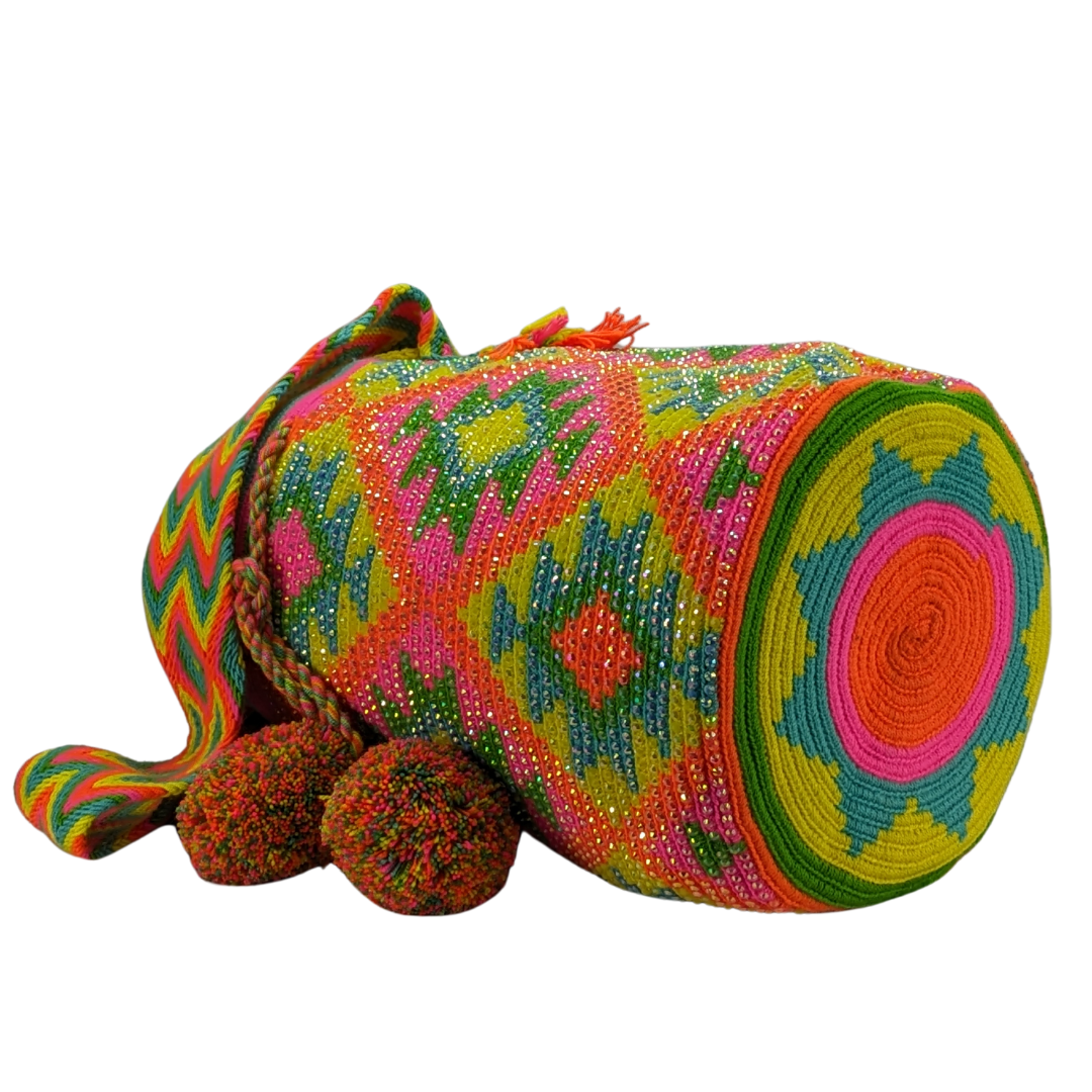 Original Wayuu Mochila Bag For Women, Colombian boho bags, Handmade With Big Nice-Looking Tassels and rhinestones