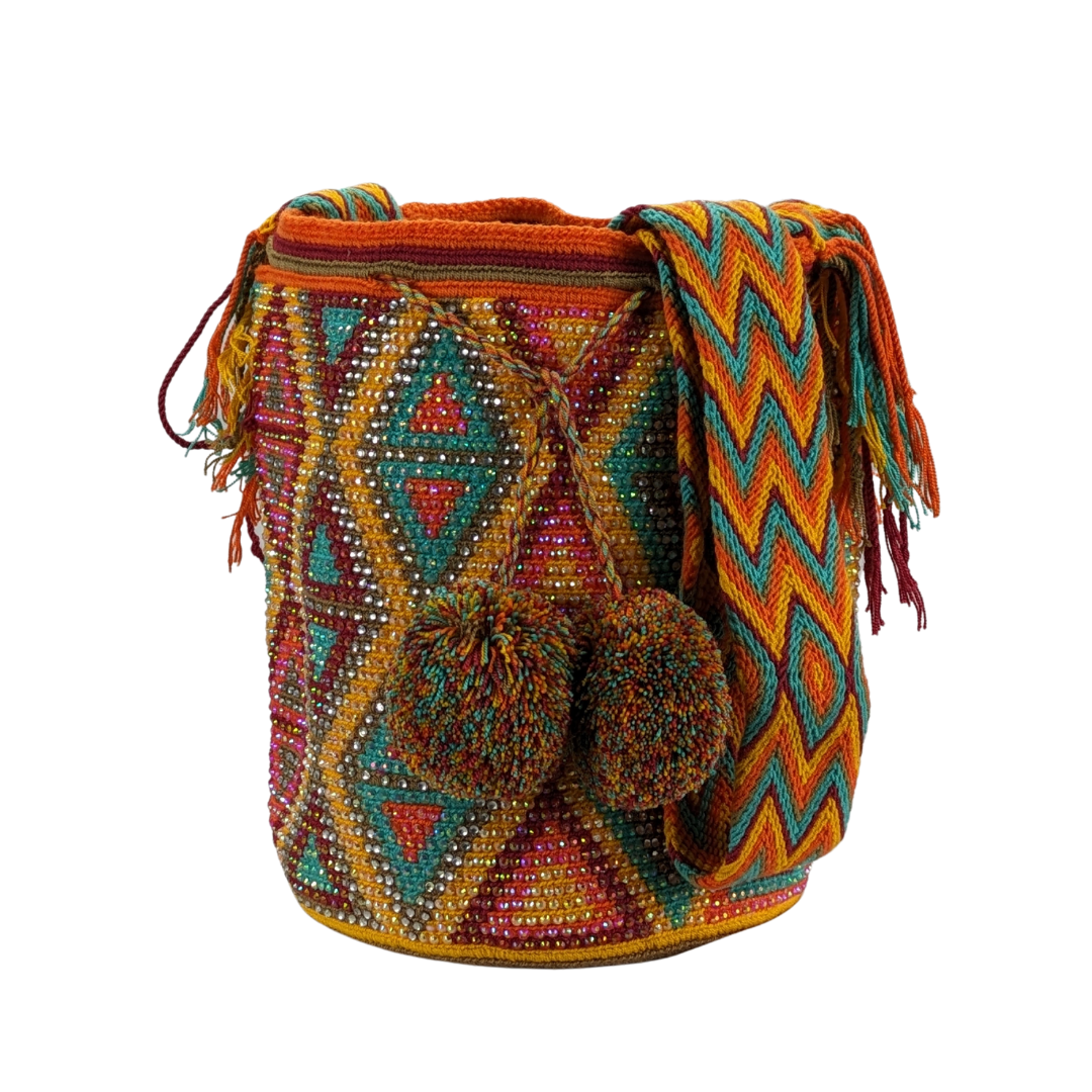 Original Wayuu Mochila Bag For Women, Colombian boho bags, Handmade With Big Nice-Looking Tassels and rhinestones