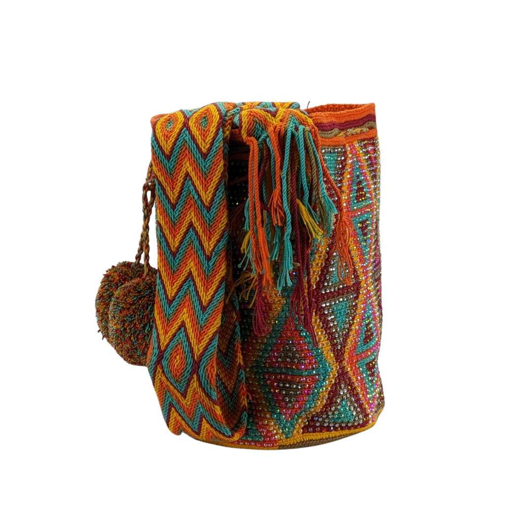 Original Wayuu Mochila Bag For Women, Colombian boho bags, Handmade With Big Nice-Looking Tassels and rhinestones