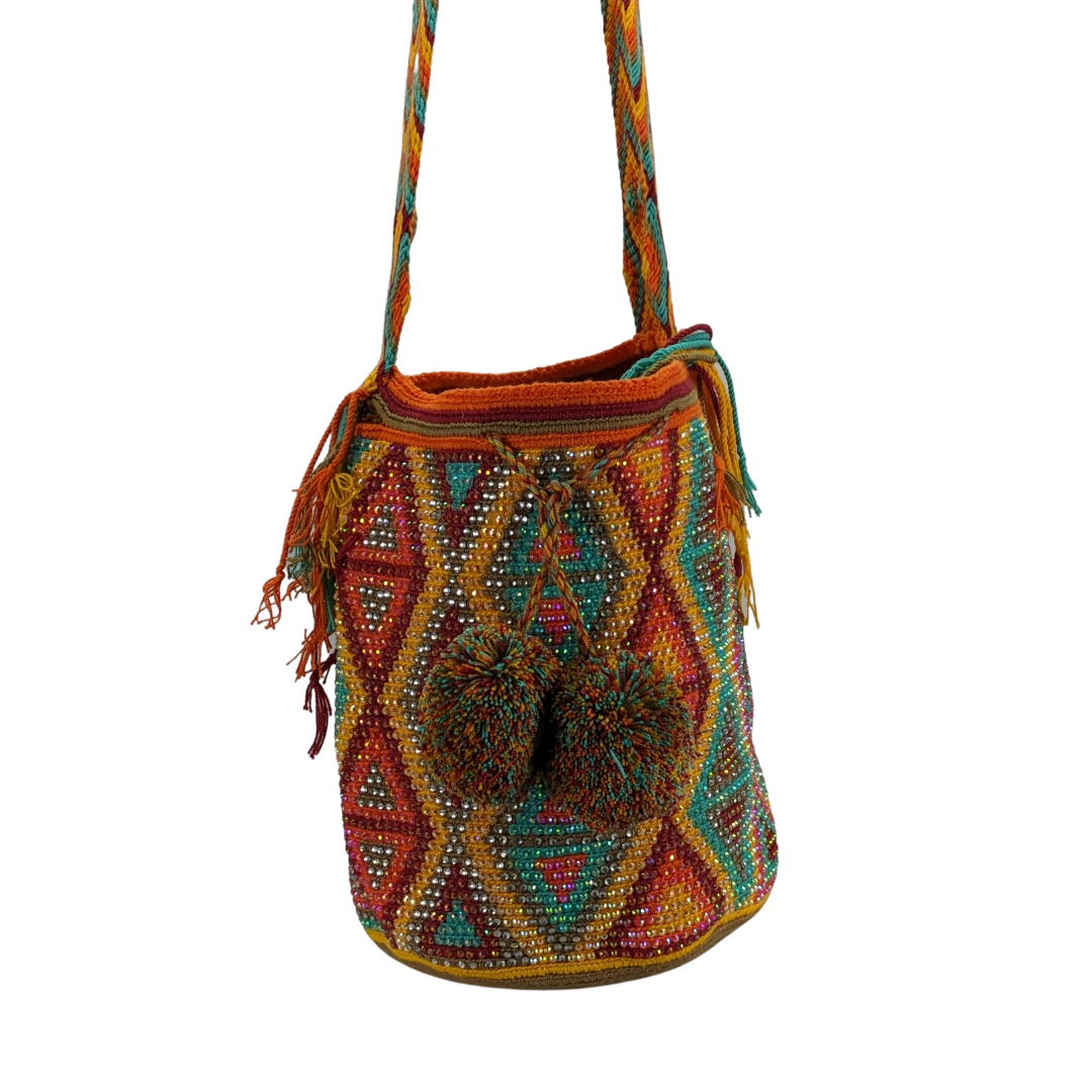 Original Wayuu Mochila Bag For Women, Colombian boho bags, Handmade With Big Nice-Looking Tassels and rhinestones