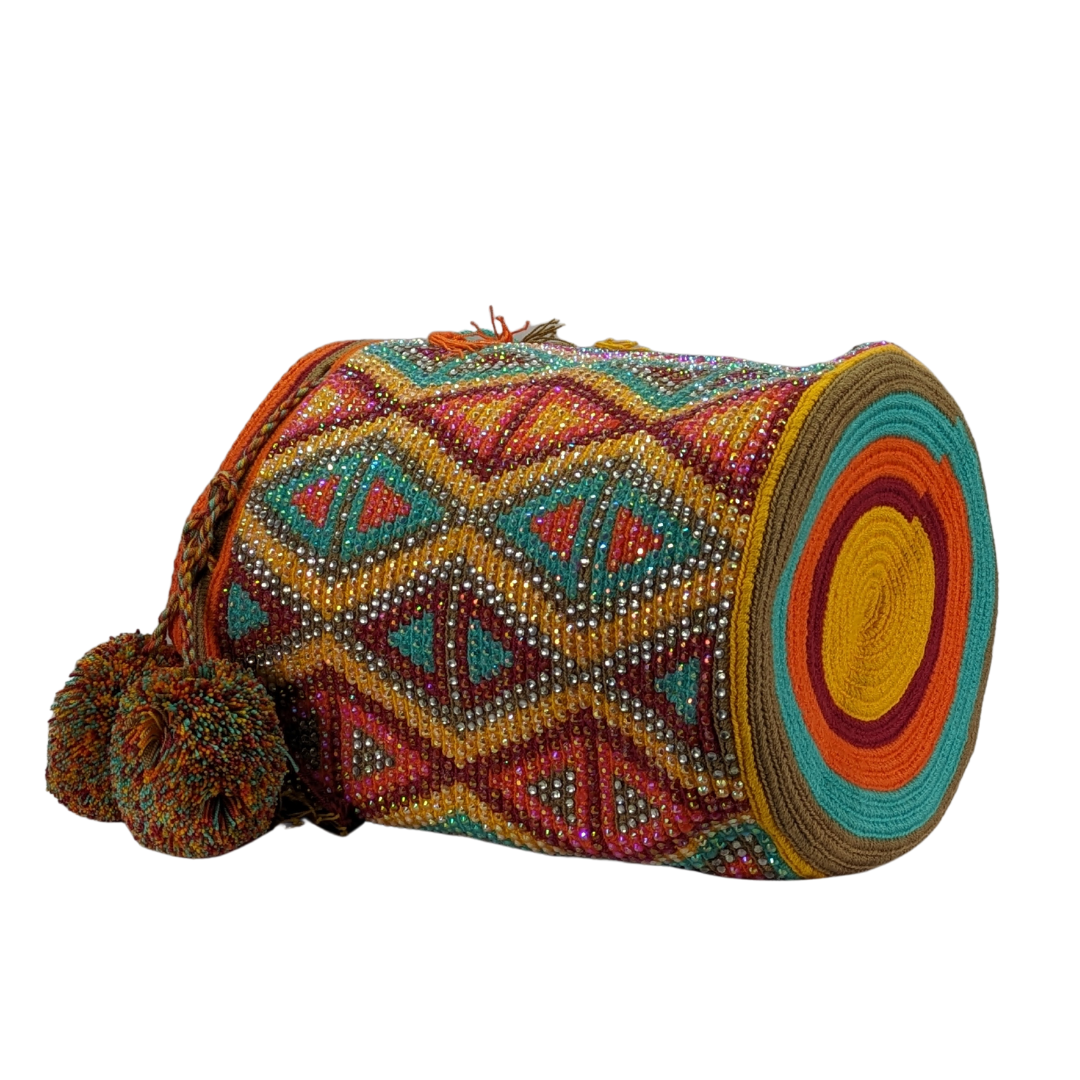 Original Wayuu Mochila Bag For Women, Colombian boho bags, Handmade With Big Nice-Looking Tassels and rhinestones