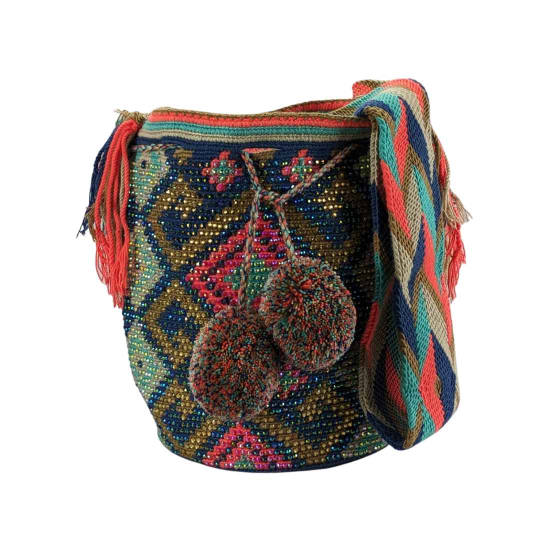 Original Wayuu Mochila Bag For Women, Colombian boho bags, Handmade With Big Nice-Looking Tassels and rhinestones