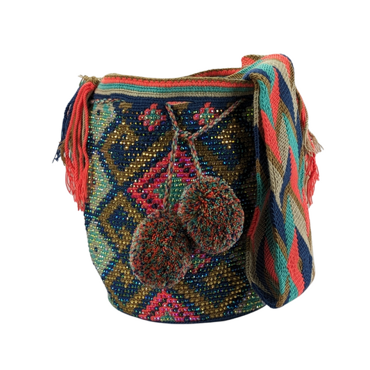 Original Wayuu Mochila Bag For Women, Colombian boho bags, Handmade With Big Nice-Looking Tassels and rhinestones
