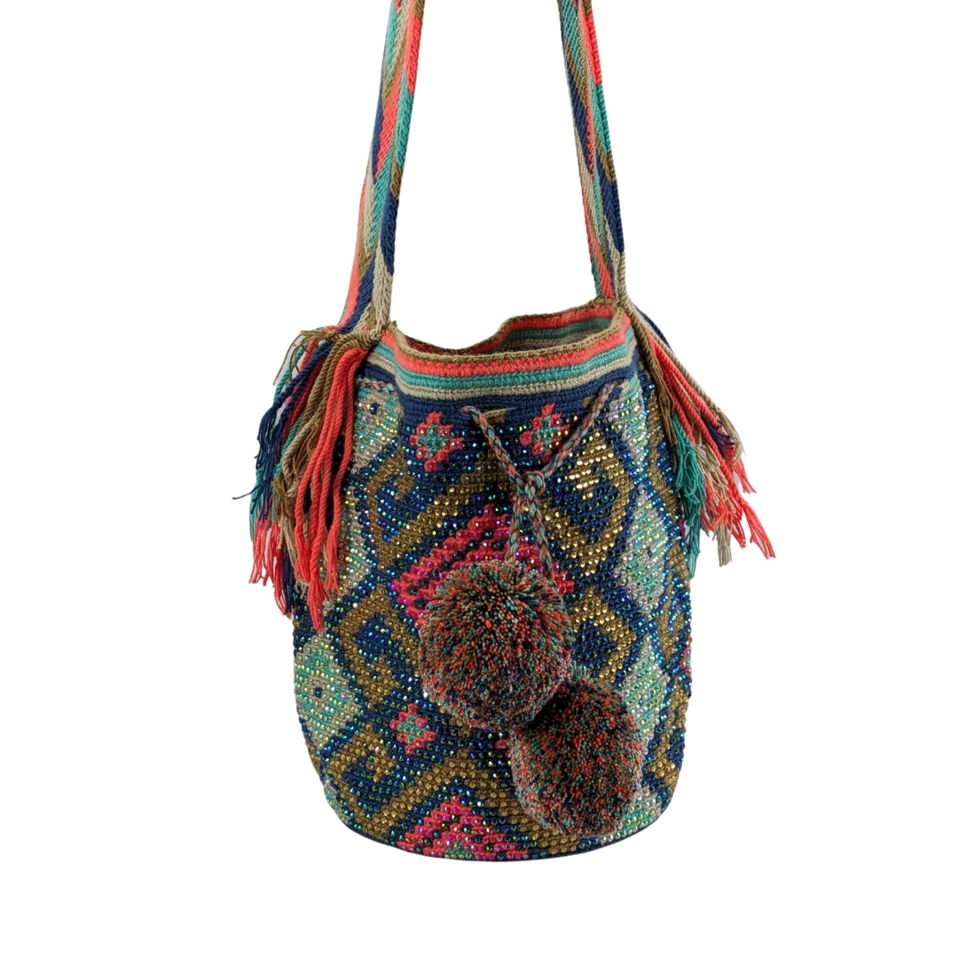 Original Wayuu Mochila Bag For Women, Colombian boho bags, Handmade With Big Nice-Looking Tassels and rhinestones