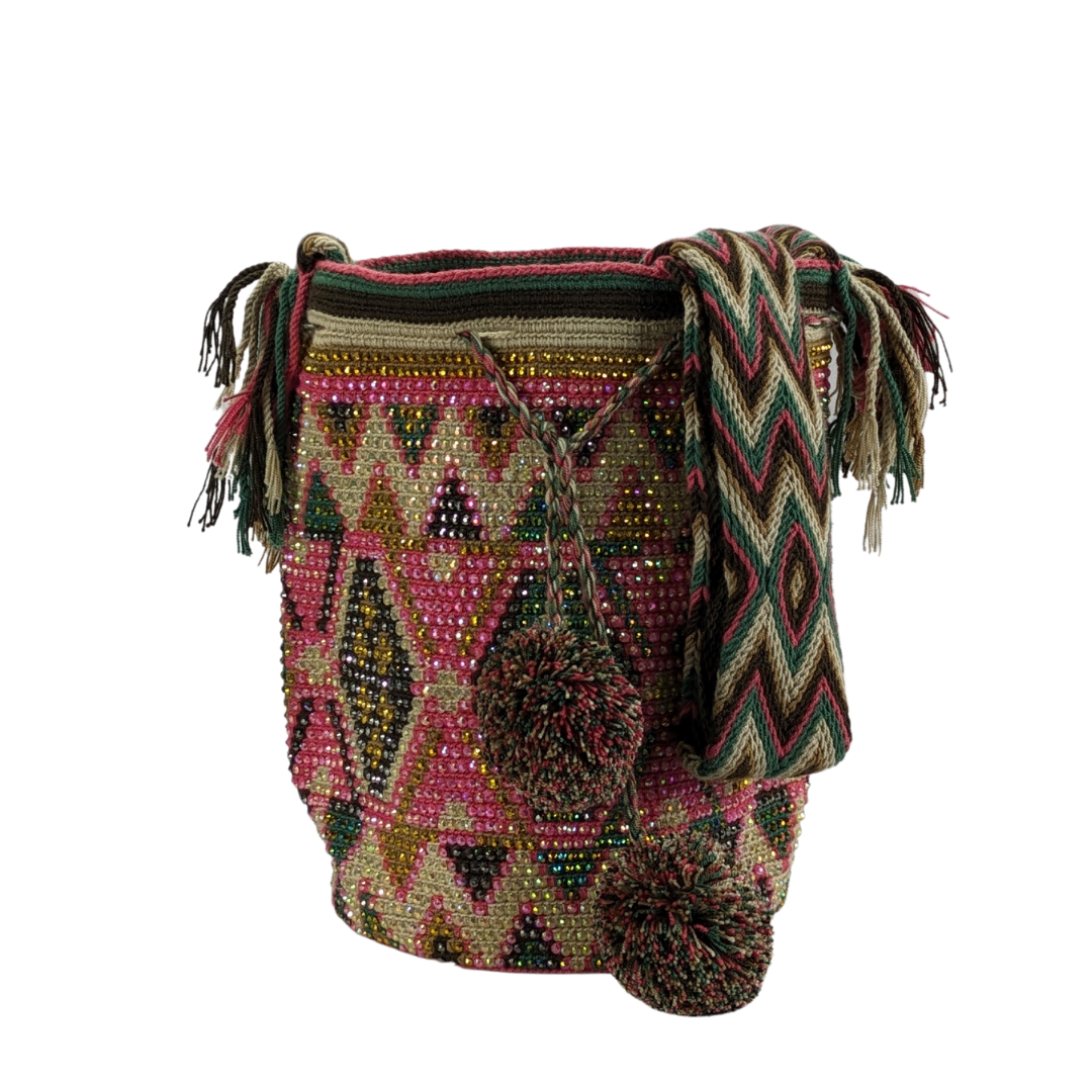 Original Wayuu Mochila Bag For Women, Colombian boho bags, Handmade With Big Nice-Looking Tassels and rhinestones