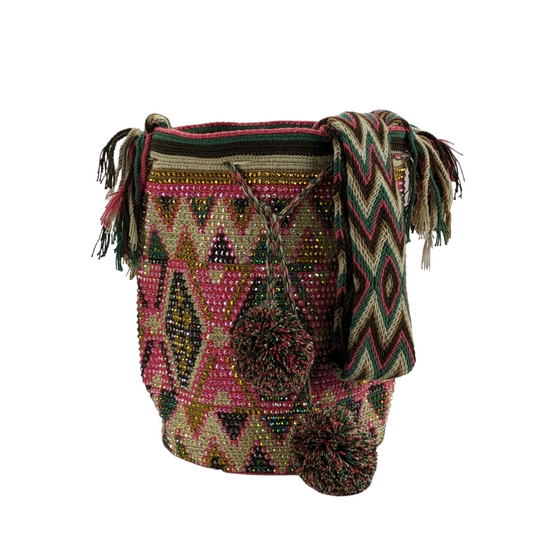 Original Wayuu Mochila Bag For Women, Colombian boho bags, Handmade With Big Nice-Looking Tassels and rhinestones