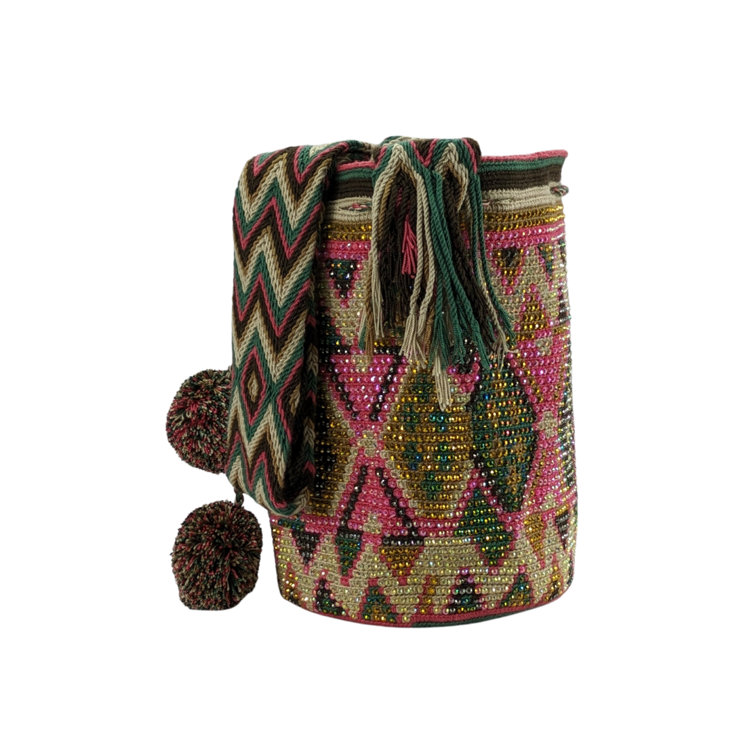 Original Wayuu Mochila Bag For Women, Colombian boho bags, Handmade With Big Nice-Looking Tassels and rhinestones