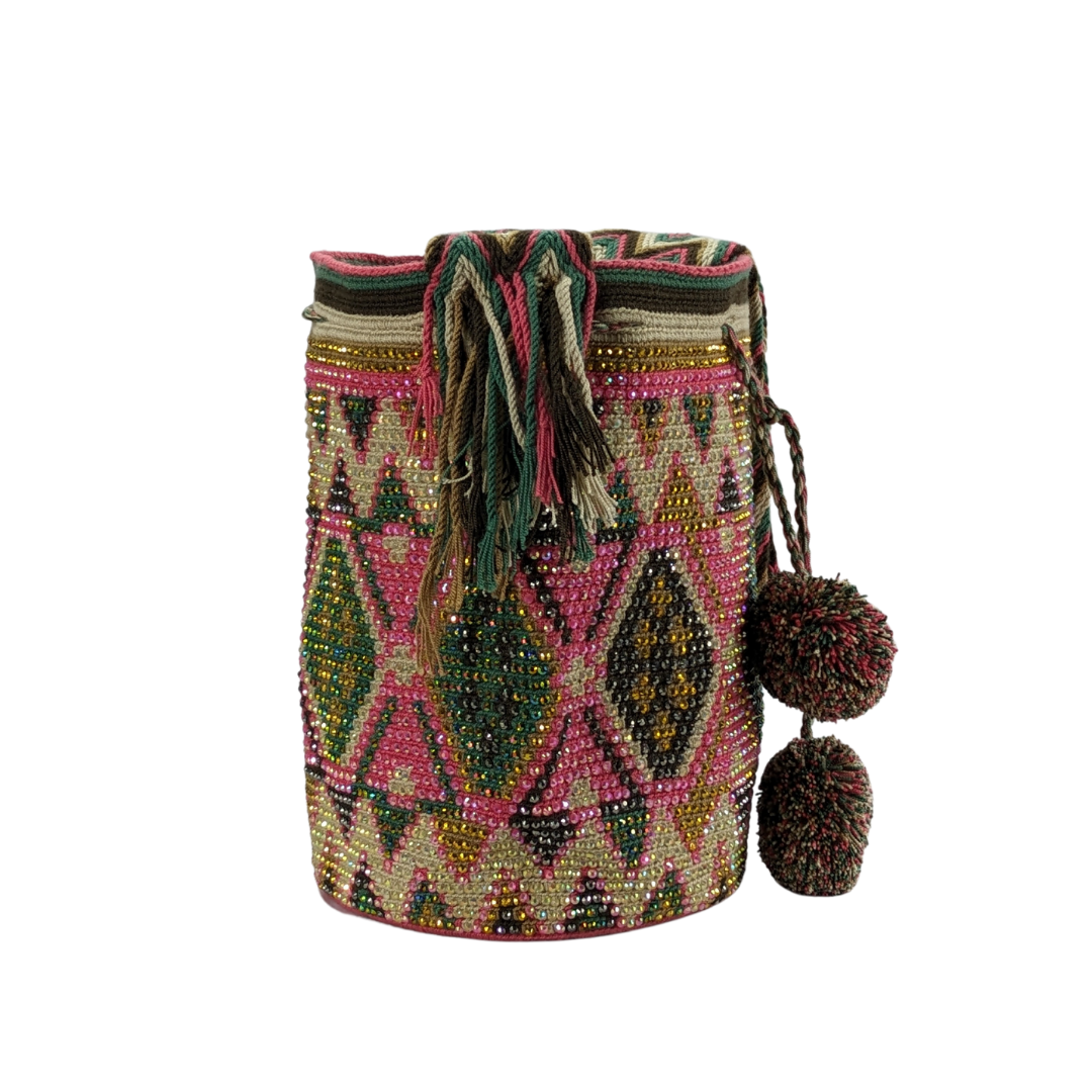Original Wayuu Mochila Bag For Women, Colombian boho bags, Handmade With Big Nice-Looking Tassels and rhinestones