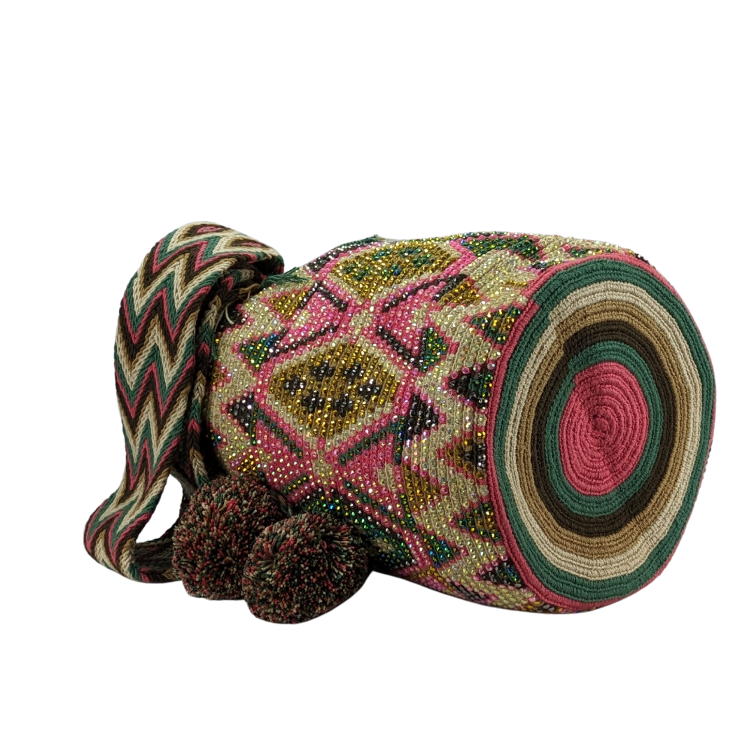 Original Wayuu Mochila Bag For Women, Colombian boho bags, Handmade With Big Nice-Looking Tassels and rhinestones