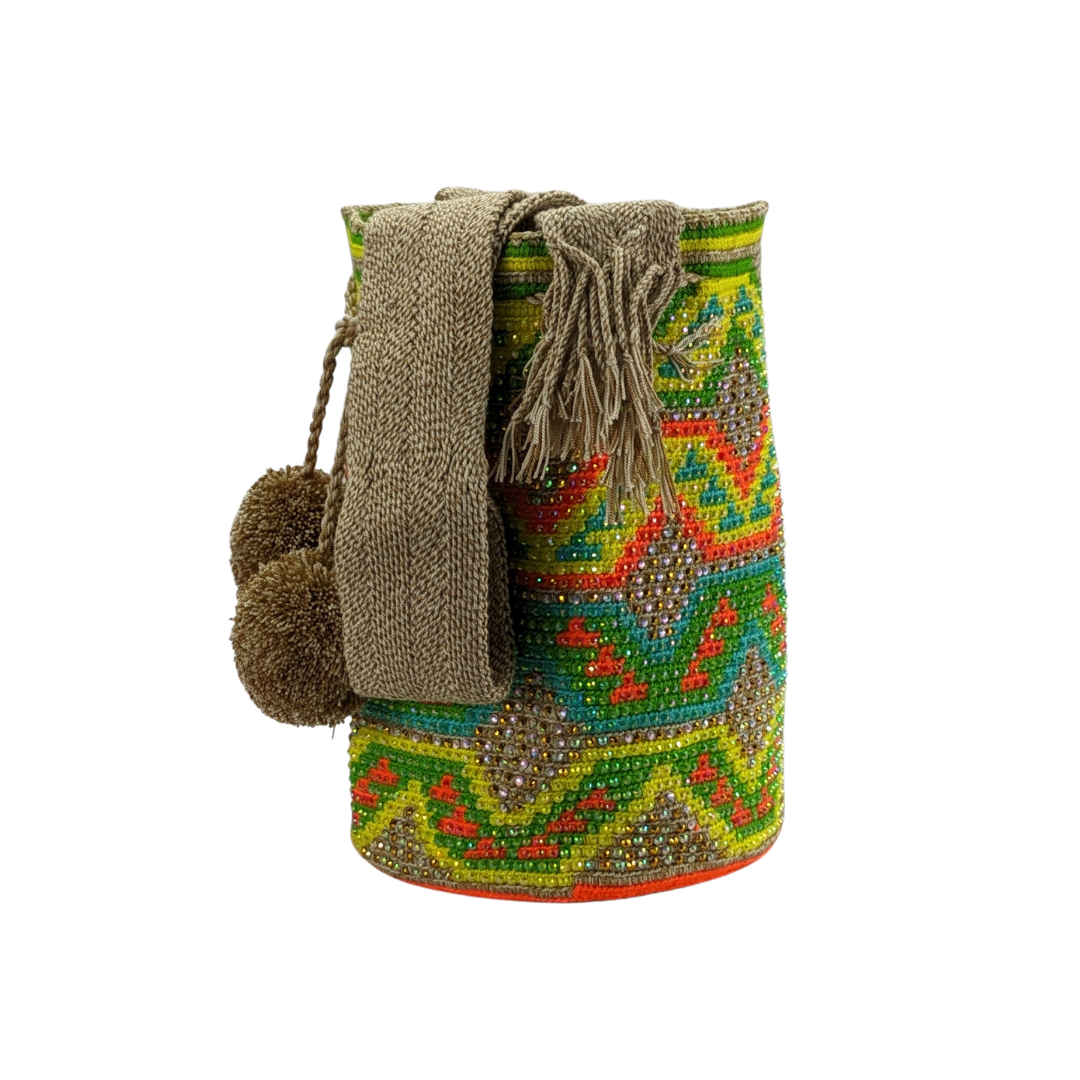 Original Wayuu Mochila Bag For Women, Colombian boho bags, Handmade With Big Nice-Looking Tassels and rhinestones