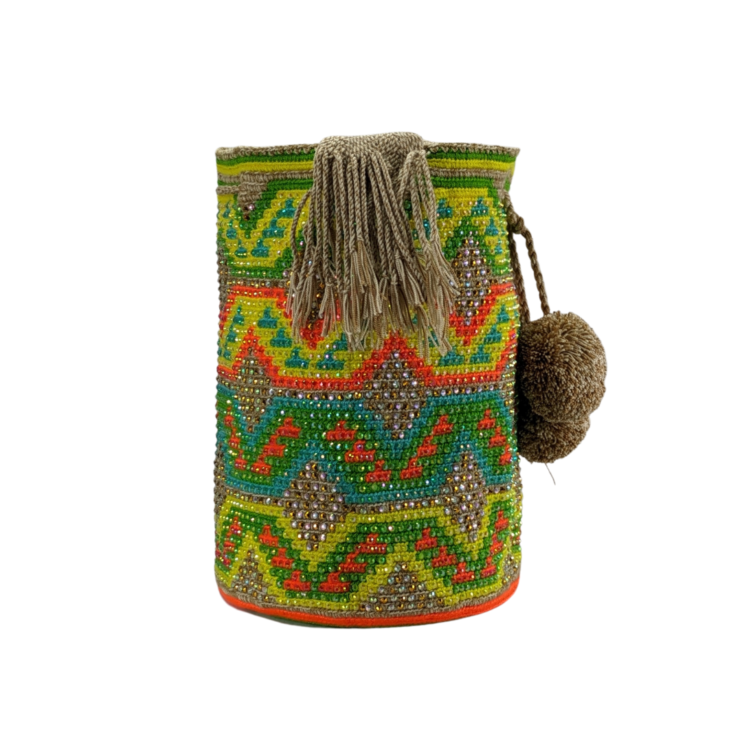 Original Wayuu Mochila Bag For Women, Colombian boho bags, Handmade With Big Nice-Looking Tassels and rhinestones
