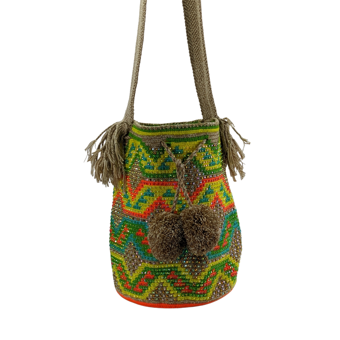 Original Wayuu Mochila Bag For Women, Colombian boho bags, Handmade With Big Nice-Looking Tassels and rhinestones