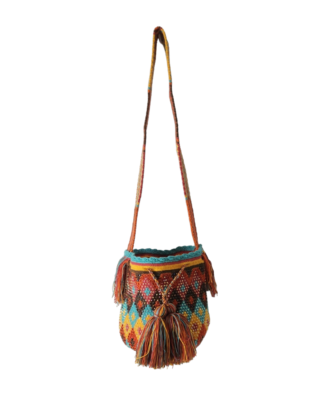 Original Wayuu Mochila Bag For Women, Colombian boho bags, Handmade With Big Nice-Looking Tassels and rhinestones