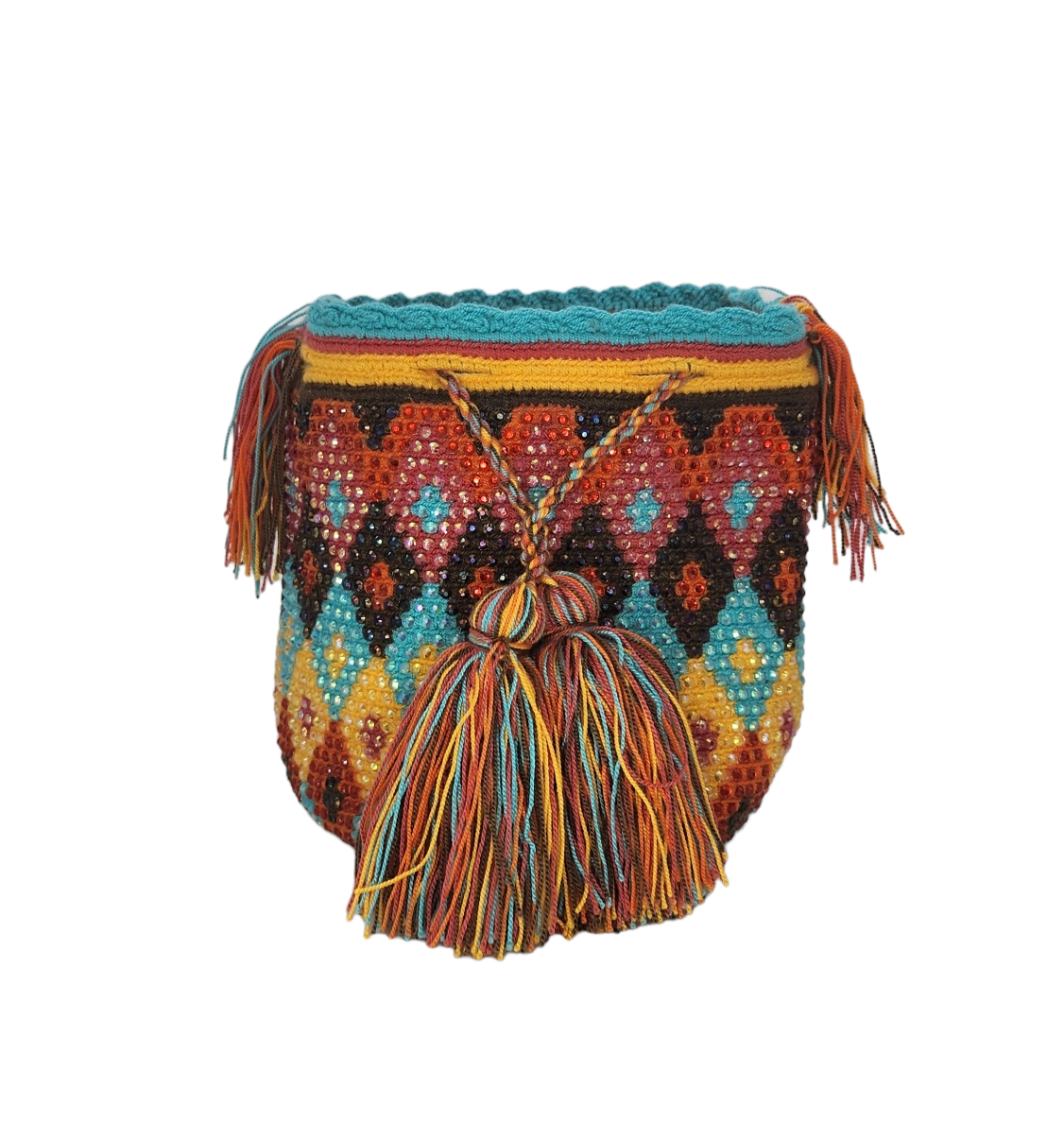 Original Wayuu Mochila Bag For Women, Colombian boho bags, Handmade With Big Nice-Looking Tassels and rhinestones