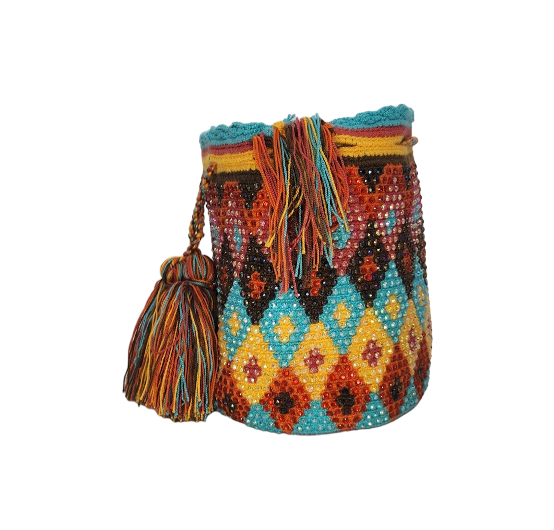 Original Wayuu Mochila Bag For Women, Colombian boho bags, Handmade With Big Nice-Looking Tassels and rhinestones