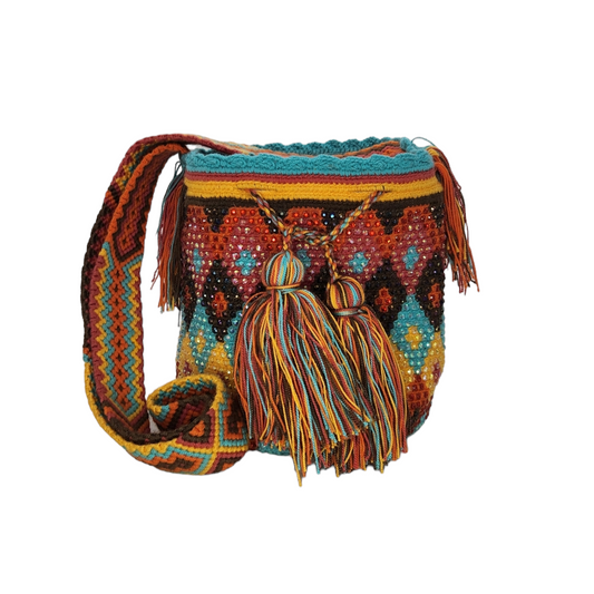 Original Wayuu Mochila Bag For Women, Colombian boho bags, Handmade With Big Nice-Looking Tassels and rhinestones