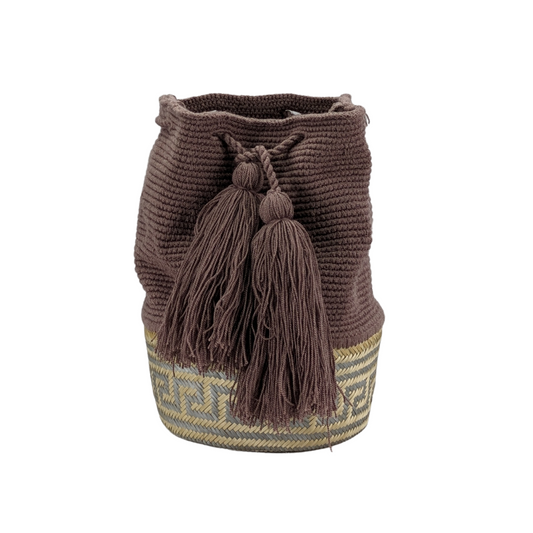 Mochila Wayuu Bag Handwoven by Wayuu Tribe Premium Colombian Bag Design Camel Black Tassels Crossbody Medium Size