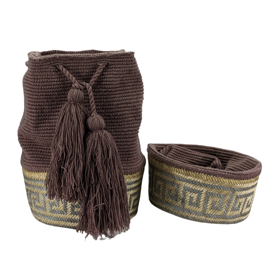 Mochila Wayuu Bag Handwoven by Wayuu Tribe Premium Colombian Bag Design Camel Black Tassels Crossbody Medium Size