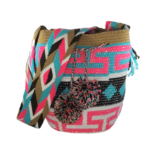 Original Wayuu Mochila Bag For Women, Colombian boho bags, Handmade With Big Nice-Looking Tassels and rhinestones