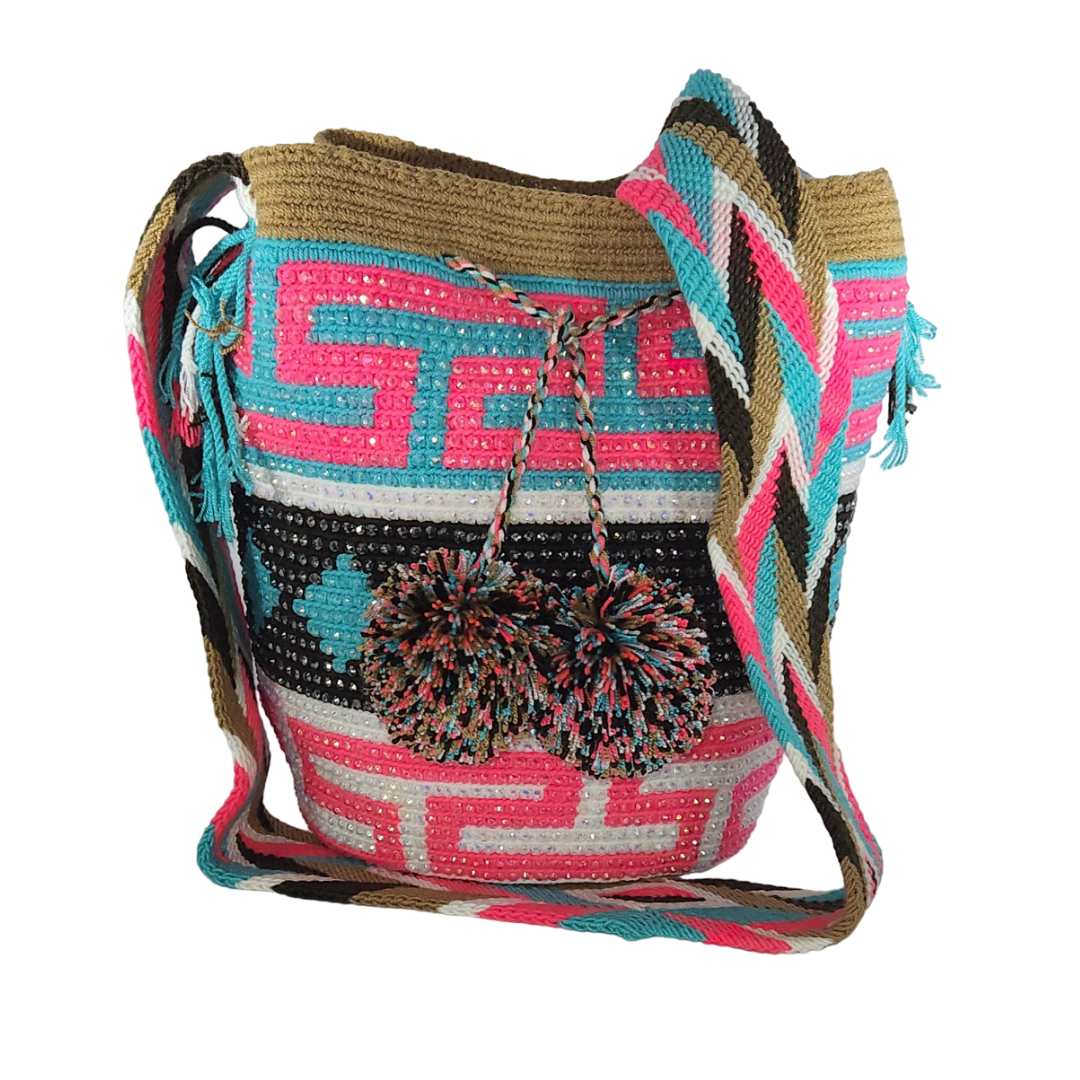 Original Wayuu Mochila Bag For Women, Colombian boho bags, Handmade With Big Nice-Looking Tassels and rhinestones