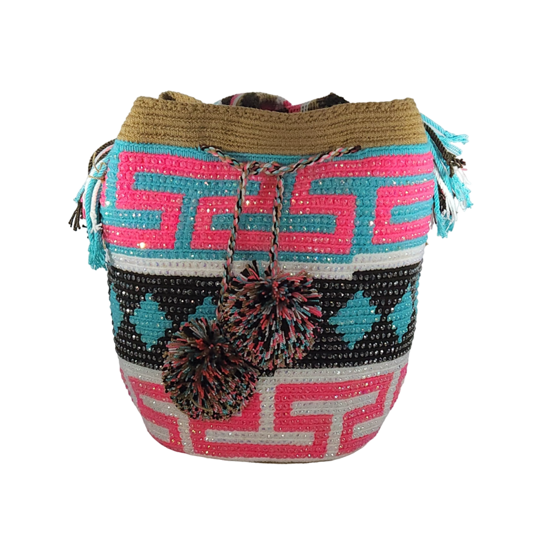 Original Wayuu Mochila Bag For Women, Colombian boho bags, Handmade With Big Nice-Looking Tassels and rhinestones