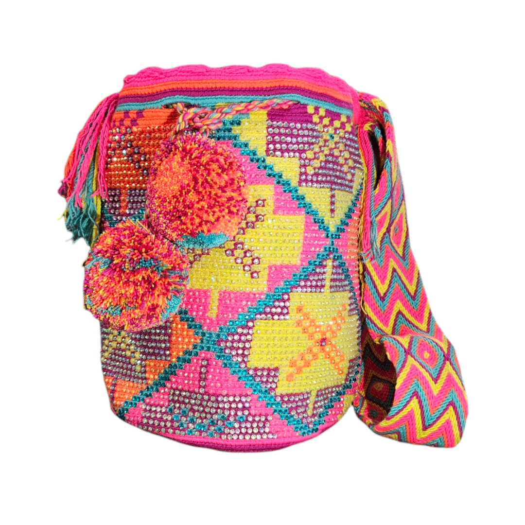 Original Wayuu Mochila Bag For Women, Colombian boho bags, Handmade With Big Nice-Looking Tassels and rhinestones